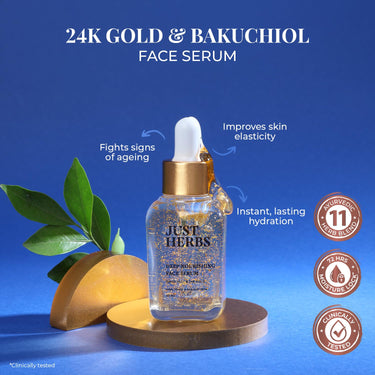 Just Herbs 24K Gold Bakuchiol Face Serum for Fights Signs of Ageing | Improve Skin Elasticity | Instant Lasting Hydration All Skin Types for Men and Women 30ml